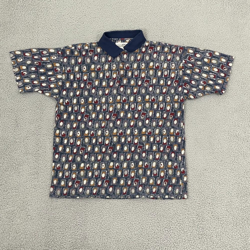 Vintage Natural Issue Polo Men L Navy All over Design Short Sleeve Retro